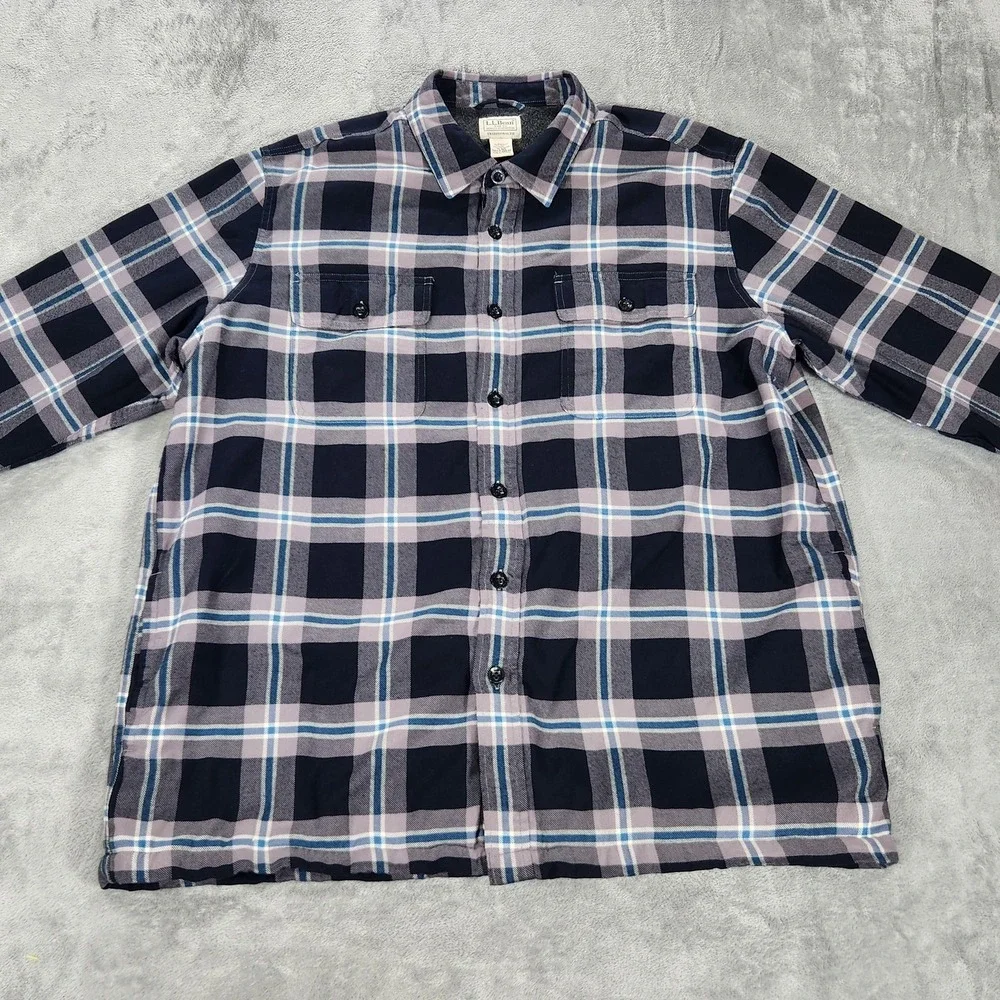 LL Bean Shirt Jacket Mens XL Blue Plaid Fleece Lined Flannel Traditional Fit